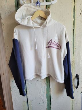 adidas Cropped Two-Tone Hoodie in White and Navy with Pink Script